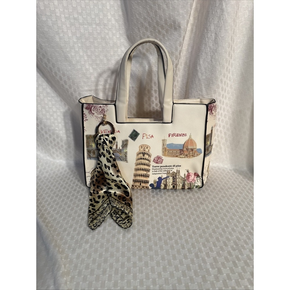 Vintage Inspired Famous Cities of Italy Ad Print Medium Tote Gold Toned Accents